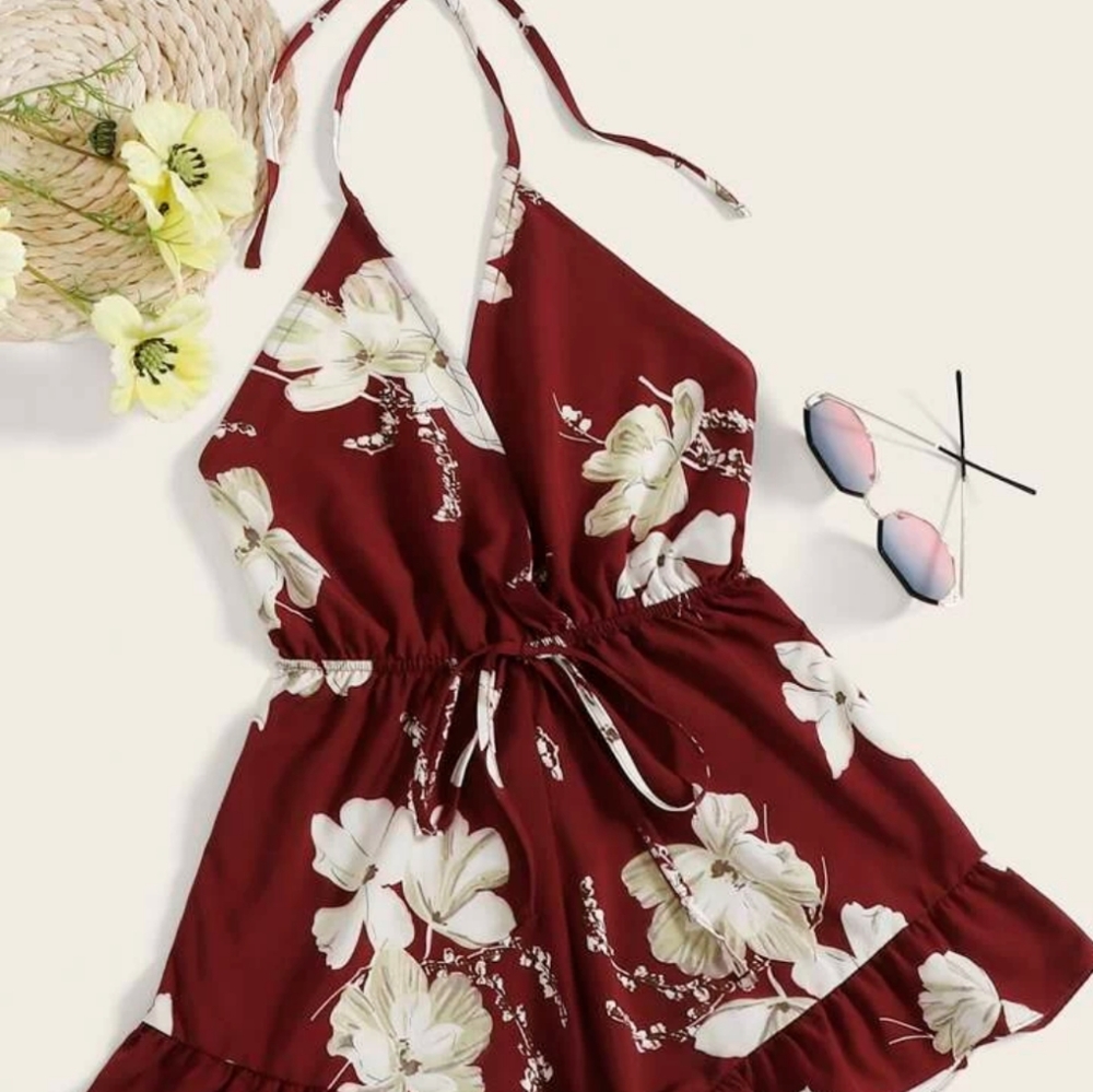 Burgundy floral halter romper